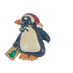 Christmas Penguin Brooch Pin With Santa Hat & Gift Bag Gold-Tone Holiday Jewelry